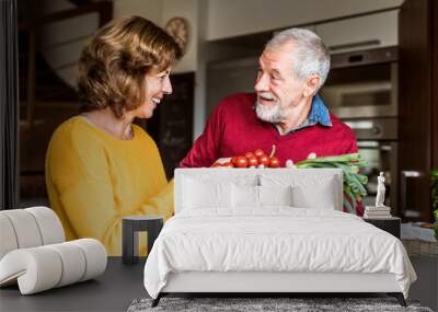 Senior couple preparing food in the kitchen. Wall mural