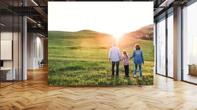 Senior couple with granddaughter outside in spring nature, walking at sunset. Wall mural