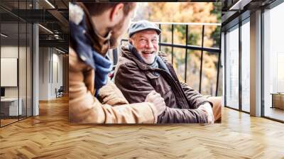 senior father in wheelchair and young son on a walk. Wall mural