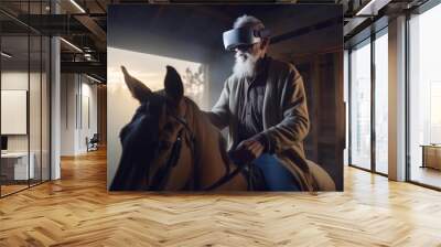 Senior man with virtual reality goggles sitting on a horse, created with Generative AI technology. Wall mural