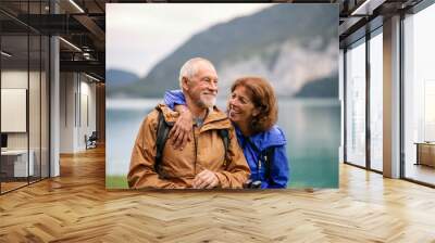 Senior pensioner couple hiking by lake in nature, resting. Wall mural