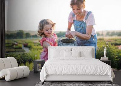 Small girl with senior grandmother gardening in garden center. Wall mural