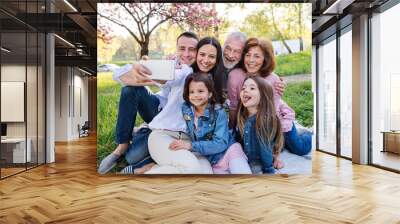 Three generation family sitting outside in spring nature, taking selfie. Wall mural