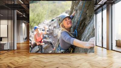 Top view of group of seniors with instructor climbing rocks outdoors in nature, active lifestyle. Wall mural