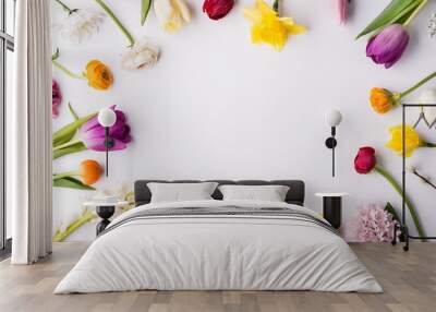 Various spring flowers on a white background. Copy space. Wall mural