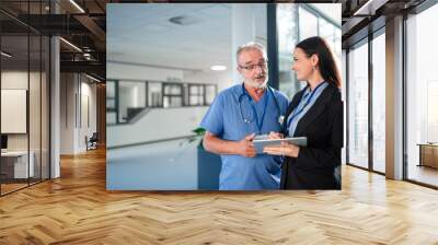 Young business woman shaking hand with elderly doctor. Wall mural