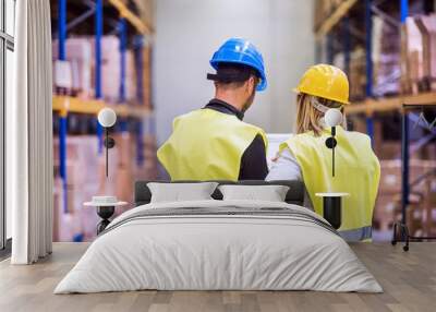 Young warehouse workers working together. Wall mural