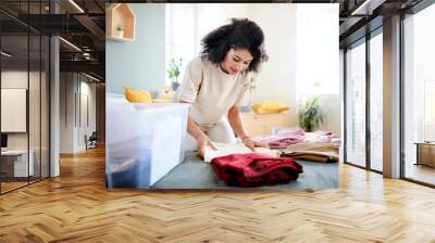 Young woman sorting wardrobe indoors at home, charity donation concept. Wall mural