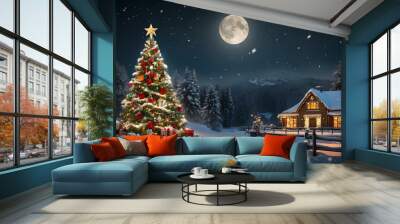 christmas night in the village, Christmas tree, a house covered in snow and a full moon in the background Wall mural