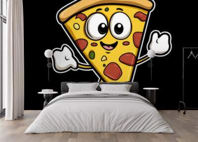 A cute pizza cartoon character with a yellow face hand and white socks isolated black background
 Wall mural