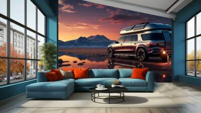 background adventure concept with Airstream car with tent Wall mural