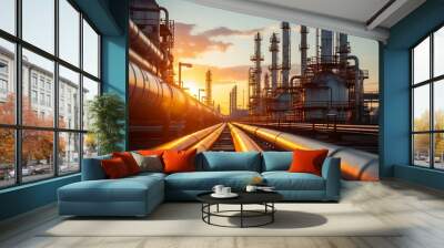 Oil refinery with pipelines and industrial machinery. cool wallpaper	 Wall mural