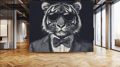 Anthropomorphic stylish tiger wearing sunglasses and a tuxedo, blending animal features with human fashion in a creative portrait Wall mural