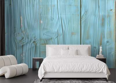 Aquamarine wooden planks, faded wood surface rustic blue table wallpaper. Turquoise Painted Wooden Planks Texture Background.  Wall mural