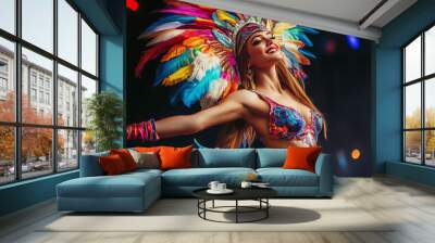 Beautiful woman in vibrant carnival costume with colorful feathered headdress dancing in festive celebration Wall mural