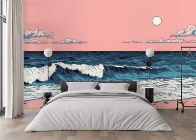 A coastal landscape with sandy beaches and waves, depicted in line art Wall mural