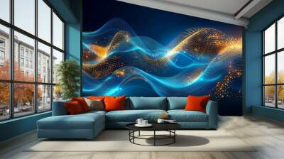 A dark blue luxury background with shimmering gold wave lines Wall mural