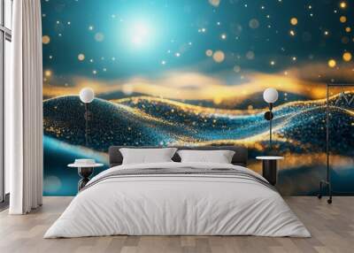 A line art illustration featuring an abstract blue background with shimmering glitter Wall mural