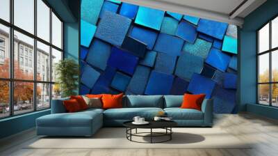 A panoramic background banner of abstract blue painted concrete cement stone cubes Wall mural