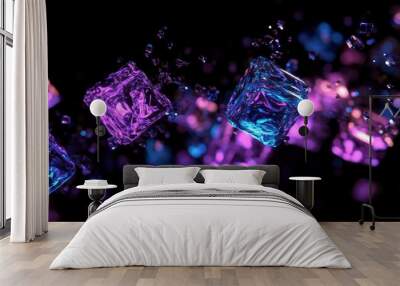 A scattering of blue and purple cubes resembling a macro view with depth of field in a 3D render presented as a line art illustration Wall mural