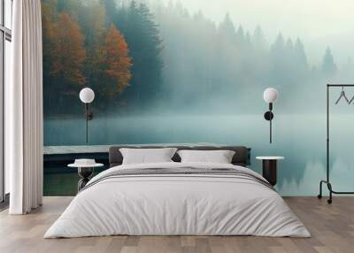 A straight flat simplistic rectangular lake dock, a beautiful sunrise, foggy, calm water, and a relaxing nature background. Wall mural