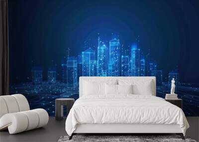 A virtual cityscape based on glowing blue wires Wall mural