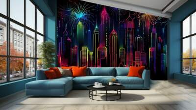 An abstract line art illustration displaying a vibrant wallpaper of glowing neon lights, resembling fireworks, against a cityscape for a striking artistic effect Wall mural