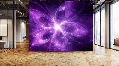 An abstract violet background features a fractal explosion star illustrated with line art and glossy elements Wall mural