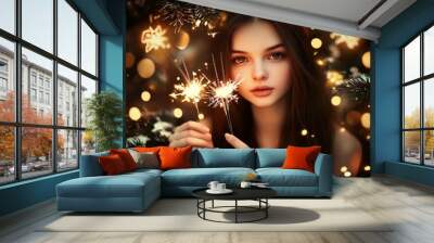 An excited teenage girl stands by a Christmas tree holding sparklers Wall mural