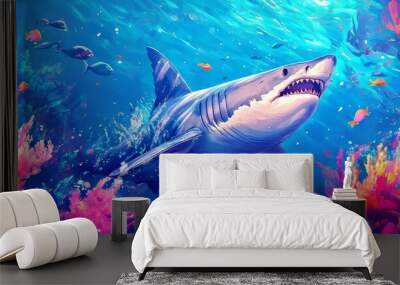 An ocean background wallpaper featuring a grey shark swimming in the turquoise water among fishes, seaweed and coral. Wall mural