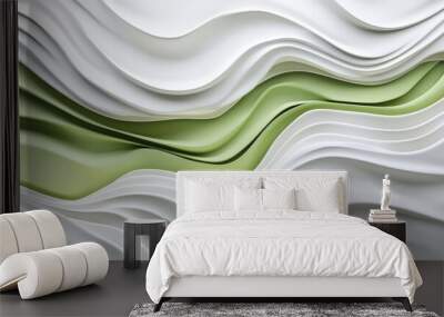 Arrangement of organic curves and smooth bioforms in matte white plastic material adorned with green line patterns, representing a surreal alien 3D sphere or flower Wall mural