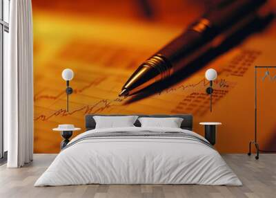 Business charts and graphs with an orange pen resting on them, symbolizing finance analysis and strategy. Wall mural