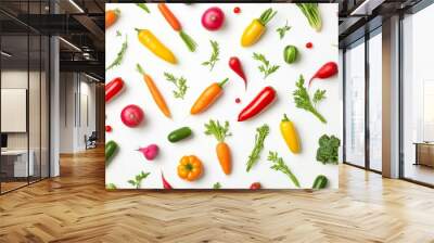 Colorful flat modern illustration with organic vegetables and fresh green food on a white background. Seamless vegetarian pattern with organic vegetables and fresh greens. Wall mural