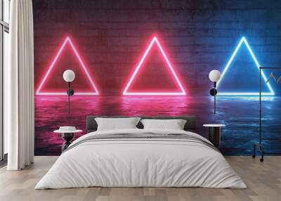 Dark mystery mood on grungy wall with neon triangle art Wall mural