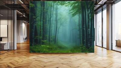 Fantasy spooky forest landscape in fog. Fairy tale trail in foggy forest Wall mural