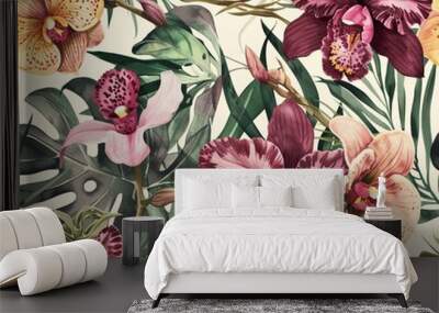 Floral wallpaper with orchids and monstera, assorted tropical flowers and leaves, isolated on pink background Wall mural