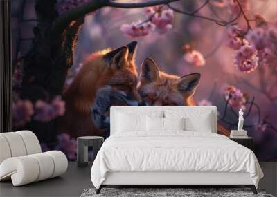 Fox couple cuddle hug in blossom flowers field on blurred background. Stock photo. Wall mural