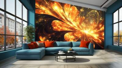 Gold background featuring intricate lines and glossy effects of a fractal explosion star Wall mural