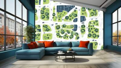 Green lines on a white background create a flat line art illustration of a city street map Top down view Wall mural