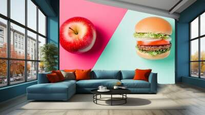 Healthy vs unhealthy food diet and lifestyle concept, fast food vs fruit, junk or fresh, choose meal. Wall mural