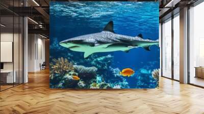 Hyperrealistic animal illustrations wallpaper with a shark swimming in a coral reef Wall mural