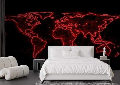 Illustration of a vivid red neon map on a black background Wall mural