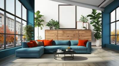 In a mid century style, there is an indoor plant, white plank flooring, and a storage cabinet. The best empty frame for art mockups is one that is isolated on a piece of furniture. Wall mural