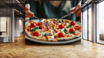 In a restaurant, anonymous friends share a delicious vegetarian pizza Wall mural