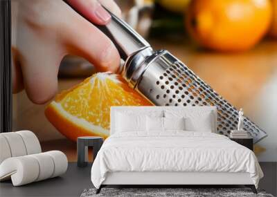 In the kitchen, a female chef grates orange zest using a grater Wall mural