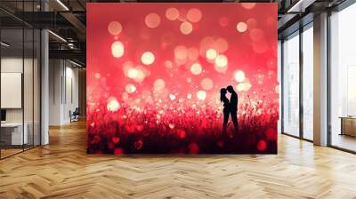 Love relationship romance, romantic valentine, boyfriend girlfriend date, marriage passion, pleasure greeting card for husband and wife on honeymoon. Man and woman kiss silhouette, time for a kiss in Wall mural