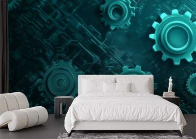 On a black background are abstract gears and cogs with a teal color, representing digital technology. Wall mural