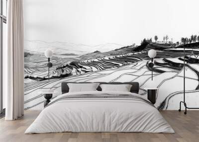 Rice terraces blanketed in fog in a line art illustration Wall mural