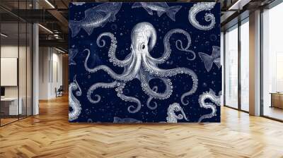 Sea horse, ocean animal surface textile, wallpaper design octopus, squid sea horse. Underwater creatures dark blue inky linear illustration. Elegant ocean animal surface textile, wallpaper design. Wall mural