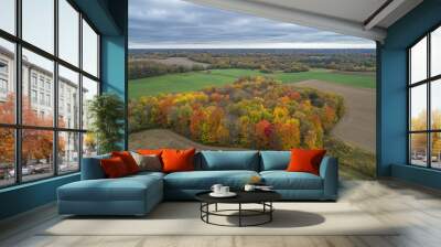 Stunning aerial photograph of green and golden farm fields in Indiana in autumn with colorful red, yellow, and orange leaves on the trees scattered across the landscape. Wall mural